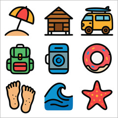 Flat Icon Set, Surfing Beach Lifestyle with Bold Outlines 
