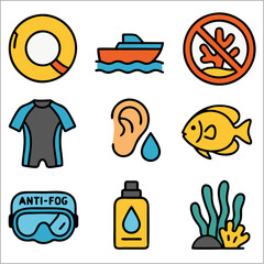 Flat Icon Set, Snorkeling and Underwater Adventure with Bold Outlines