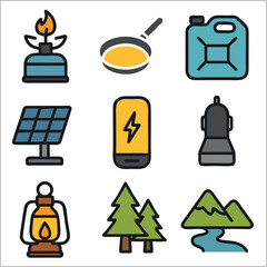 Flat Icon Set, Camper Van Life & Road Trip Essentials with Bold Outlines