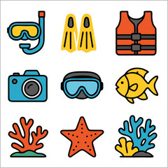 Flat Icon Set, Snorkeling and Underwater Adventure with Bold Outlines