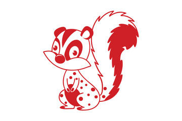 Red squirrel stands up, presenting dotted body pattern on white backdrop