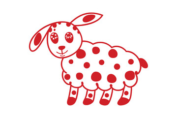 Red spotted lamb smiles gently with big eyes in a clean design