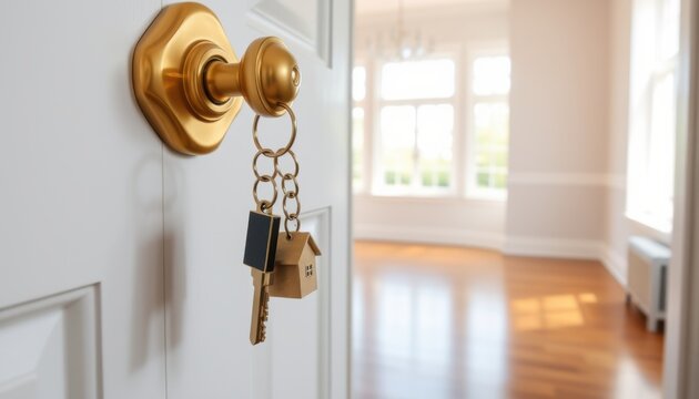 Golden door knob with house keys hanging open to a bright empty room with sunlight