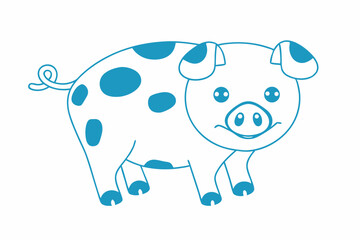 Simple outlined drawing shows a cute piglet with blue spots and curly tail
