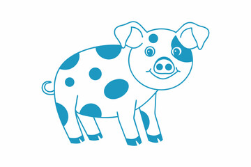 Smiling blue spotted pig stands isolated against a clean white background