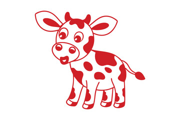 Smiling cartoon calf displays bold red spots against a white background for children