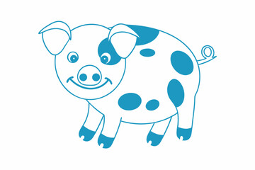 Smiling cartoon pig with blue spots happily stands against a clean white background