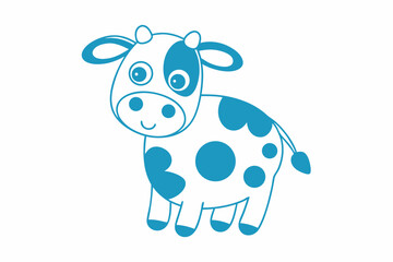 Spotted blue line art calf with happy expression stands against white background