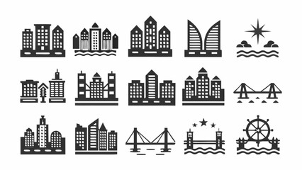 Obraz premium Cityscape icons showcase modern urban designs, ideal for creative projects and architectural inspiration