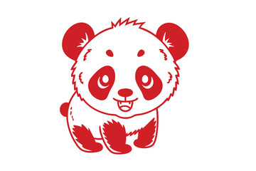 Stylized white panda bear outlined in red smiles cheerfully against a clean background