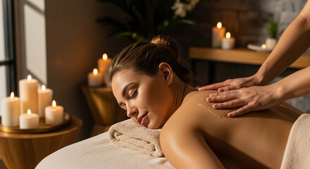Close-up of a young woman receiving a relaxing back massage in a modern spa center