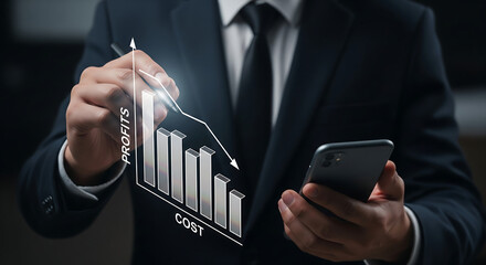 Businessman Analyzing Declining Profit Graph With Phone Represents Financial Challenges And Market Downturn