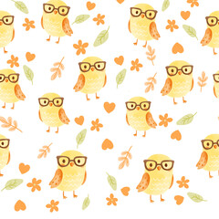 Fototapeta premium Cute Yellow Owl Watercolor Pattern with Glasses and Leaves