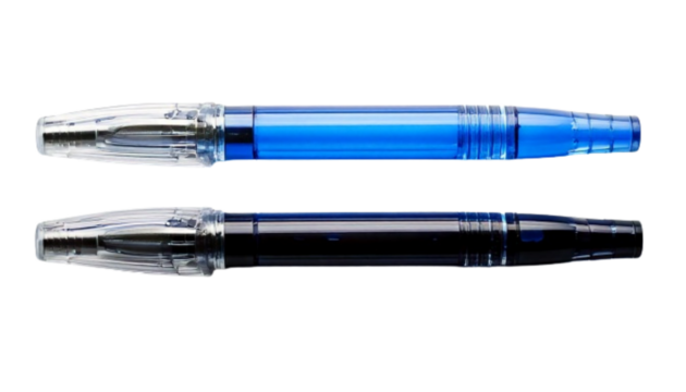 Pair of clear barrel gel pens with silver details, isolated on transparent background.