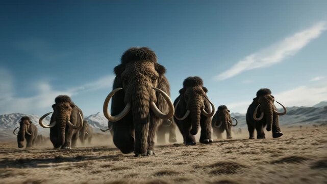 Woolly mammoth herd running and walking across dry grassland with mountains under blue sky, showcasing prehistoric wildlife, nature, powerful animals with large curved tusks and thick fur in motion