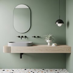 Modern Bathroom Interior with Oval Mirror, Wooden Vanity, and Minimalist Design