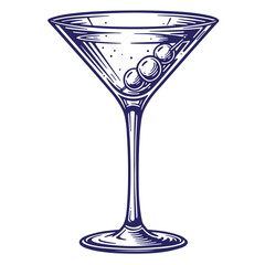 Elegant vintage martini glass illustration with olives in a hand drawn engraving style