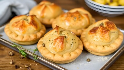 Crumbly shortcrust mini beef, potato and swede pasties .
