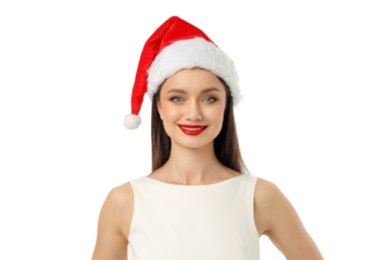 Woman in Santa hat smiles against plain backdrop, isolated, PNG