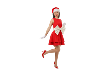 Woman in red dress wearing Santa hat and gloves, isolated, PNG