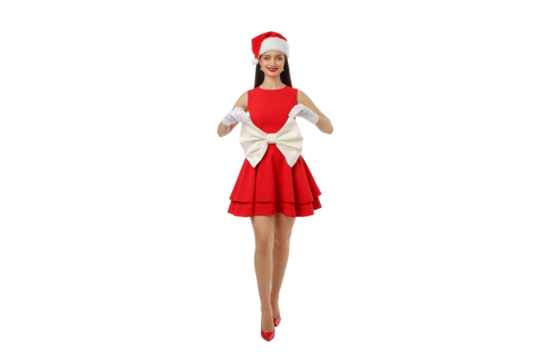 Woman in red dress and Santa hat shows big bow, isolated, PNG