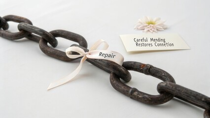 Heavy cast iron chain with repair ribbon on a pristine white surface