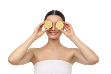 Woman relaxes at the spa with lemon eye masks, isolated, PNG