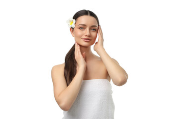 Woman with flower in hair relaxes at spa, isolated, PNG