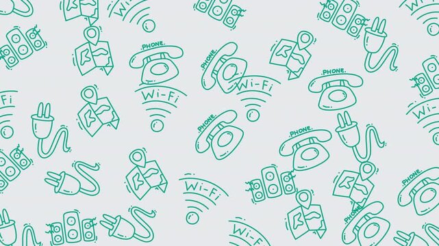 Seamless technology pattern on light gray with teal doodles of phones, Wi‑Fi, plugs and location pins. Crisp vector repeat for stationery, wrapping, UI mockups and contemporary branding.
