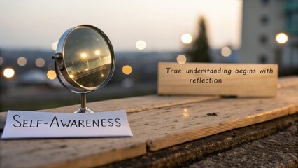 A mirror reflecting an outdoor scene with words on awareness