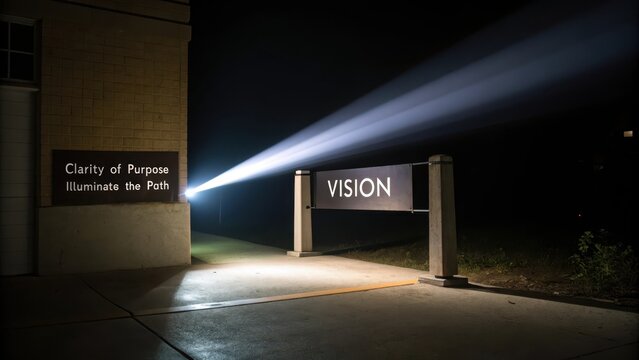 Focused beam of light illuminating a sign with VISION text