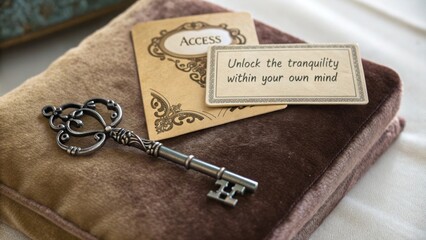 Antique style key resting on a velvet cushion with inspiring cards