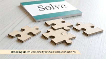 Geometric wooden puzzle pieces scattered on a light surface for solving