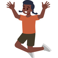 Happy Dark Skinned Girl Jumping with Joy in Cartoon Style Illustration on Transparent Background Wearing Orange T Shirt and Dark Shorts with Braided Hair