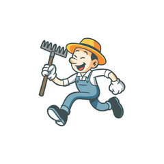 Happy Farmer Mascot in Blue Overalls Running with Rake on Transparent Background Pixel Art Illustration Cartoon Style Cheerful Character Icon