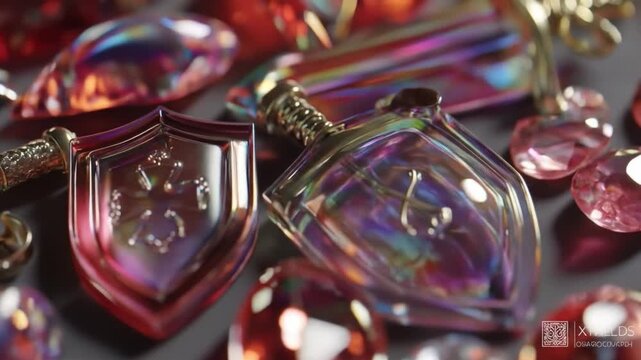 Close up of various glass objects shield sword and gems with light reflections