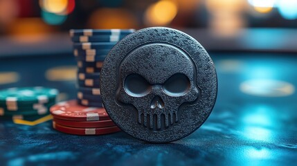 Poker chips including one with a skull design sit on a blue felt table in close-up