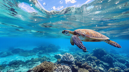 Obraz premium turtle swimming around colorful coral reef formations in the wild