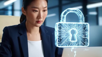 Asian Businesswoman Working on Laptop with Digital Padlock Overlay for Cybersecurity and Data Protection - Powered by Adobe