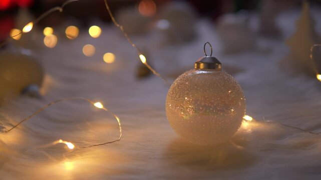 White christmas ball with light on wool for celebration christmas and new year.