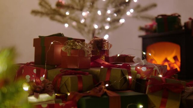 Pile of gift boxes and decorations for christmas and new year.