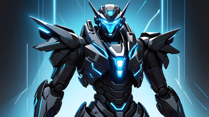 Sleek Cybernetic Warrior Detailed Close-Up of a Chrome and Black Mecha Robot with Neon Blue Accents