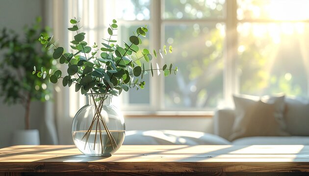 癒やしの空間：明るい自然光に包まれた、透明な花瓶のグリーンインテリアGenerated image
