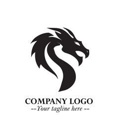 Head of Dragon Logo Symbol Black on White Background in Bold Mythical Vector Design for Power Branding