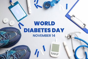 Diabetes management tools are arranged on a surface