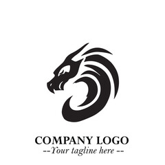 Head of Dragon Logo Symbol Black on White Background in Bold Mythical Vector Design for Power Branding