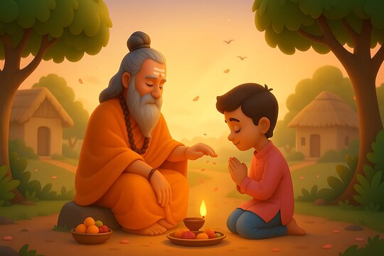 Hindu guru offering petals to disciple with diya and sweets, spiritual sunrise ceremony, faith devotion and Indian culture illustration