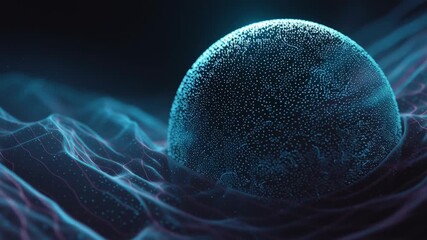 Glowing digital sphere floating over flowing data wave landscape, minimalist solar technology visualization with calming blue - Powered by Adobe