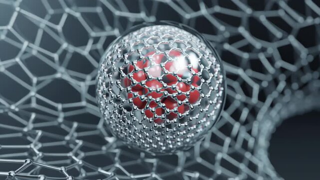 Metallic spherical nanoparticle encapsulating red core inside hexagonal carbon lattice mesh nanotechnology sphere carbon lattice