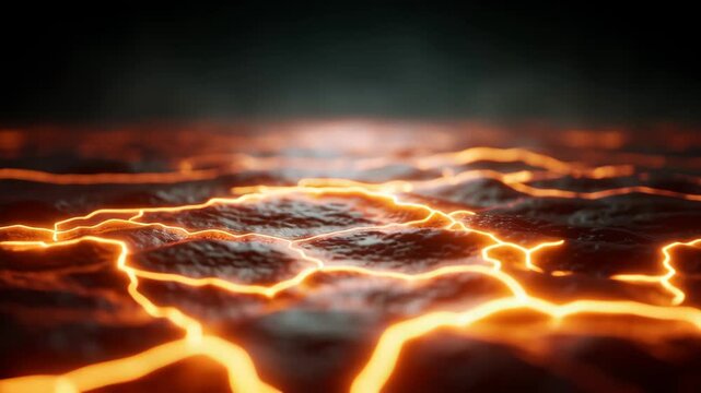 Molten lava cracks glowing orange electric current flowing across dark rocky surface dramatic volcanic texture and heat